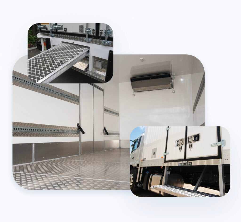 Three images in one of truck bodies | Featured image for the Refrigerated Truck Bodies page.